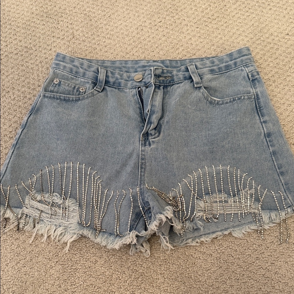 Blue Denim Shorts with Sparkle Fringe Detail